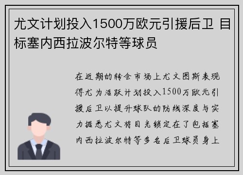 尤文计划投入1500万欧元引援后卫 目标塞内西拉波尔特等球员