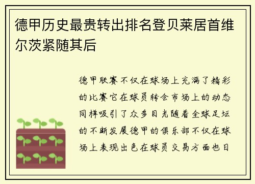 德甲历史最贵转出排名登贝莱居首维尔茨紧随其后