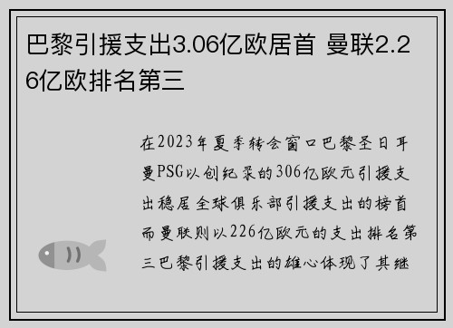 巴黎引援支出3.06亿欧居首 曼联2.26亿欧排名第三